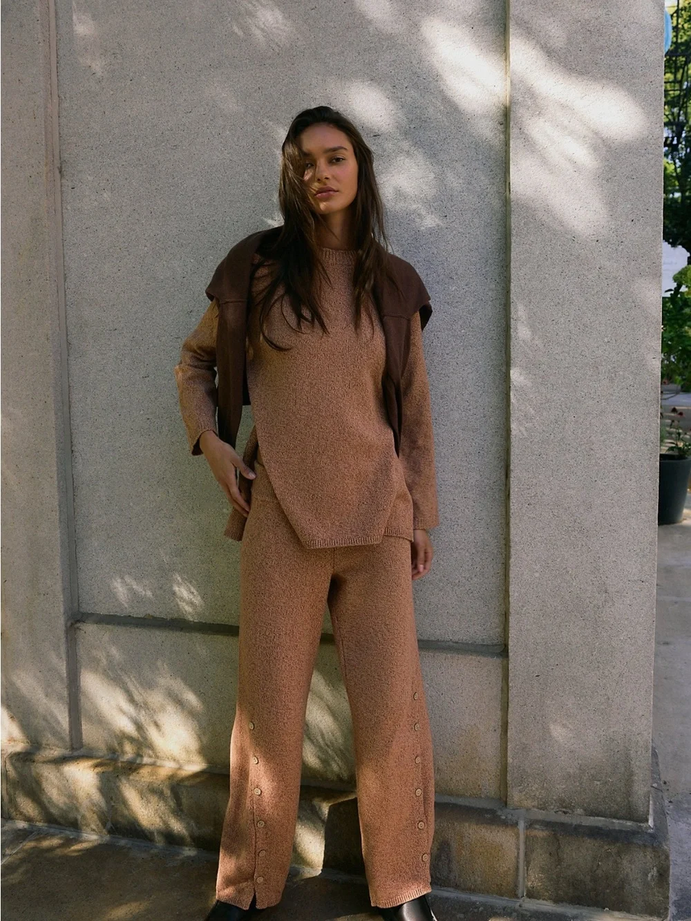 Free People Cozy 100% Cotton 2 Piece suit  Button-Detail Sweater Set in Camel